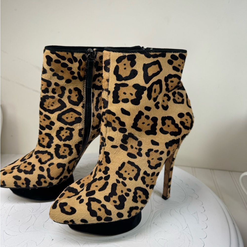 L.A.M.B. Leopard print calf hair platform booties
